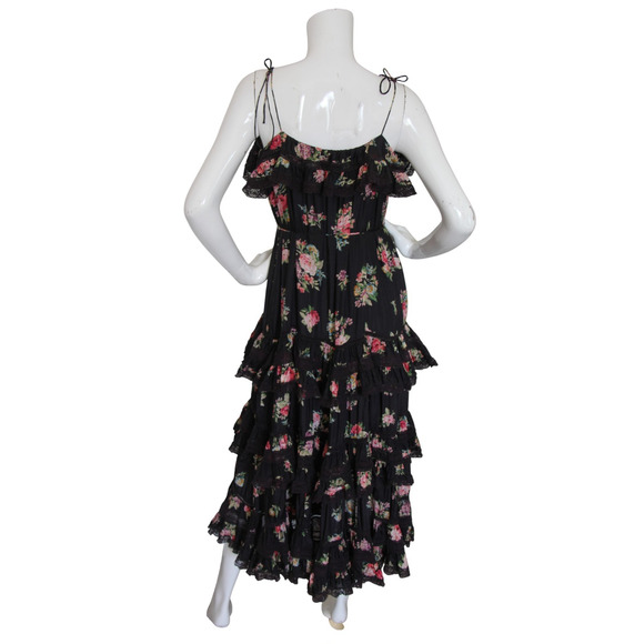 Zimmermann Honour Floral Print Silk Habutai Tiered Midi Dress Black - Picture 6 of 9